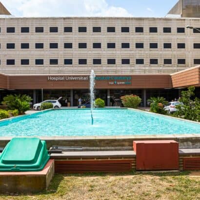 An exterior view of a hospital.