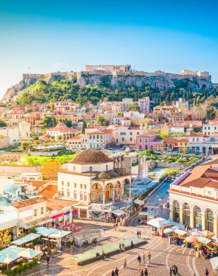 Skyline with Moanstiraki square and Acropolis hill in Athens, Greece (an Atlantis site)