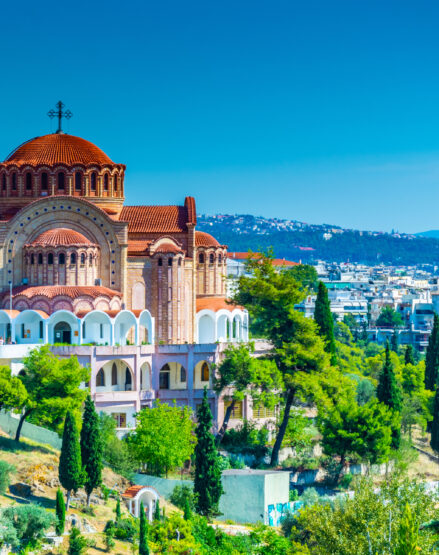 A view of a cathedral in Thessaloniki, Greece.